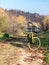 Yellow bike standing on country road in sunny autumn day