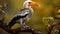 Yellow-billed Hornbill on a Branch - AI Generated