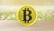 Yellow bitcoin gold coin Isolated on blur field of flowers. bit-coin 3d render isolated, cryptocurrency, crypto, business,