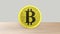 Yellow bitcoin gold coin Isolated on wood wooden table. bit-coin 3d render isolated, cryptocurrency, crypto, business, managment,