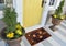 Yellow Black Cobblestone Welcome Entry Door Mat with yellow flowers and leaves