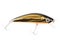 Yellow and black minnow plastic fishing lure isolated on white