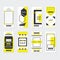 Yellow and black vertical shape sale and shop web site and mobile template designs set on gray