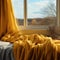 A yellow blanket sitting on top of a window sill next to a window sill with a view of a field