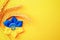 Yellow blue background. Ukrainian flower trident symbol with wheat grain ear isolated on yellow banner. Support Ukraine