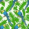 Yellow and blue big parrots ( macaw ), sitting on the branch on background of green leaves. Jungle seamless pattern