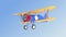 Yellow and blue biplane flying in the sky
