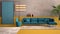 Yellow and blue colored contemporary living room, sofa, armchair, carpet, concrete walls, potted plant and decors, copper pendant