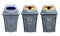 Yellow, blue and gray recycle bins with recycle symbol on white background