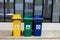 Yellow, blue, green bins , Recycling bins ,trashcan