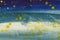 Yellow, blue and green splash watercolor texture background. Hand drawn vivid spot on horizontal navy backdrop gradient artwork.