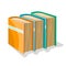 Yellow, blue and green thick books standing vertical side by side. Vector cartoon icon.