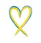 Yellow and blue heart shaped ribbon. Ukrainian flag ribbon symbol. Hand drawn brush grunge textured paint stroke in