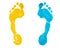 Yellow & blue human footprint white background isolated close up, colorful foot print pattern, barefoot footstep silhouette, feet