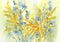 Yellow and blue meadow flowers watercolor background