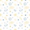 Yellow and blue outline seamless pattern with stars, planet and celestial. Galaxy vector illustration.