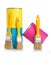 Yellow, blue and pink cans of paint and paintbrush isolated on