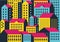 Yellow blue and pink city buildings landscape background vector design