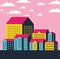 Yellow blue and pink city buildings landscape with clouds vector design