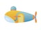 Yellow and blue submarine undersea cartoon style bathyscaphe underwater ship, diving exploring at the bottom of sea flat