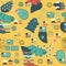 Yellow, blue, white, pink tardigrade seamless repeat pattern with lines and dots