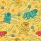Yellow, blue, white, pink tardigrade seamless repeat pattern with lines and dots