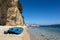 Yellow boat on Ionian sea, Lefkada island, Greece