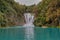 Yellow boat point of view EL SALTO-EL MECO san luis potosi MÃ©xico, hermosa cascada Turquoise water in a river and cliffs of the