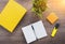 yellow book, textbook, notebook, pen, yellow marker, green plant, beautiful sunbeam