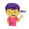 Yellow boy with purple hair waving and saying Nice vector illustration on a