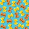 Yellow and brown farfalle pasta pattern on vibrant turquoise background