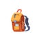 Yellow-brown school backpack with stationery in pockets side view flat style