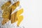 Yellow brush strokes on a monochrome image of pasta and spaghetti on a white background. Creative conceptual illustration with