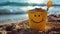 Yellow bucket with a spade on a sunny beach at sunset.