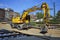 Yellow Bulldozer in movement on construction site