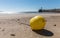 Yellow buoy `bathing zone` on the beach at low tide