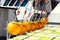 Yellow buoys of longliner fishing boat docked in port.