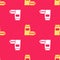 Yellow Burger icon isolated seamless pattern on red background. Hamburger icon. Cheeseburger sandwich sign. Fast food