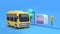 Yellow bus-bus stop cartoon style 3d rendering transportation of city concept