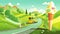 A yellow bus driving down a road next to a lush green hillside. AI generative image