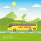 Yellow bus goes on the highway. Mountains, road and clouds landscape vector illustration