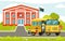 Yellow bus near school illustration. Passenger car brought joyful children to lessons beautiful red brick building