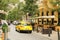 Yellow cab on crowded streets Budapest