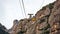 Yellow cable car in the Aeri de Montserrat rise to de Montserrat Abbey near Barcelona, Spain, Catalonia.