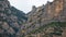 Yellow cable car in the Aeri de Montserrat rise to de Montserrat Abbey near Barcelona, Spain, Catalonia.