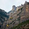 Yellow cable car in the Aeri de Montserrat rise to de Montserrat Abbey near Barcelona, Spain, Catalonia.