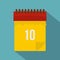 Yellow calendar with 10 date icon, flat style