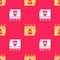 Yellow Calendar with Easter egg icon isolated seamless pattern on red background. Spring Christian Holiday symbol