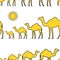 Yellow camels caravan and sun over white background pattern.