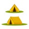 Yellow camping tourist tent in outdoor travel on white background. Vector illustration for nature tourism, journey